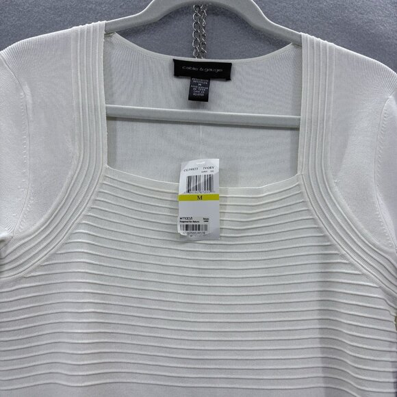 Cable & Gauge Cream Tight Knit Sweater, Square Neck&Ribbed Design SZ Medium NWT - Picture 2 of 8